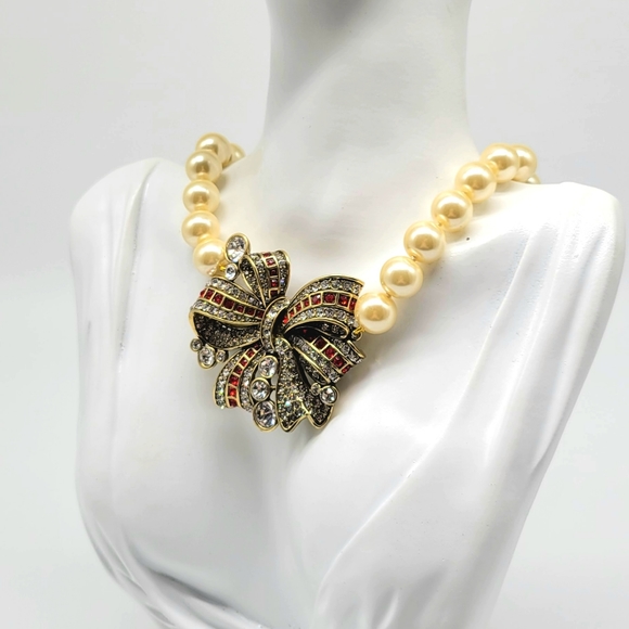 Heidi Daus Garnet and Diamond Swarovski Crystal Bow Necklace with Ivory Pearls - Picture 7 of 12
